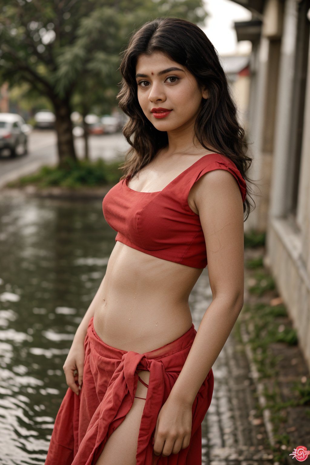 18 year old indian girl, brown long hair , wet hair, wearing red  lehenga , sunny Norway street , round breast , smirk  , red lipstick ,18 years old mallu girl,25 years old mallu girl