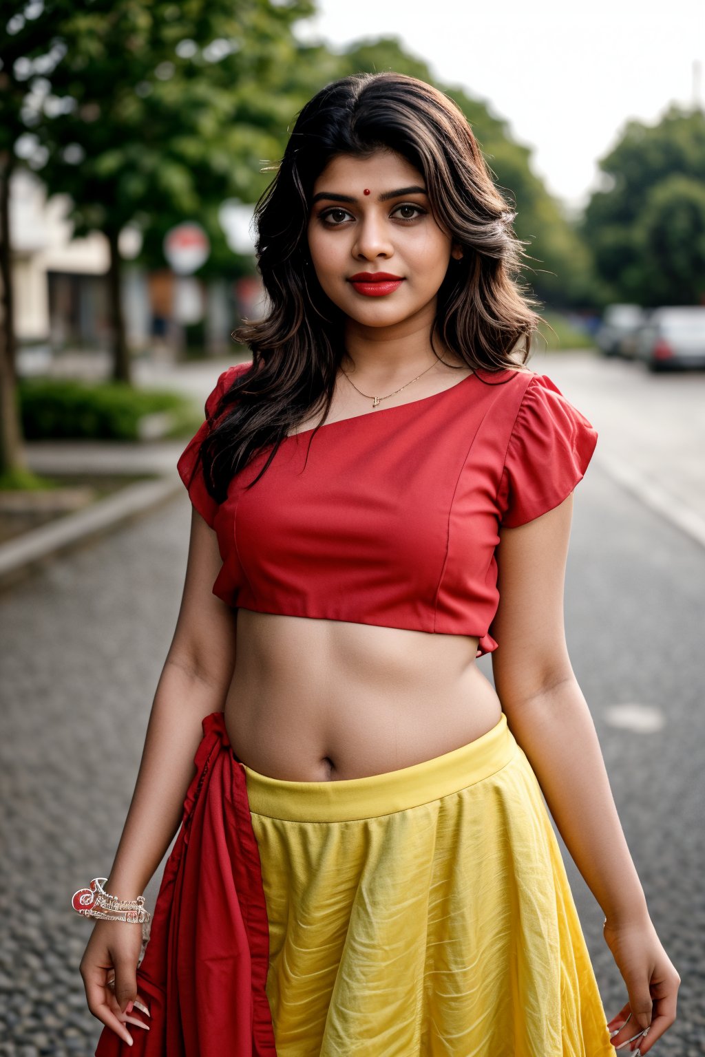 18 year old indian girl, brown long hair , wet hair, wearing red  lehenga , sunny Norway street , round breast , smirk  , red lipstick ,27 yo woman ,27 year old girl,27 old girl,25 years old mallu girl,Mallu,27 yo