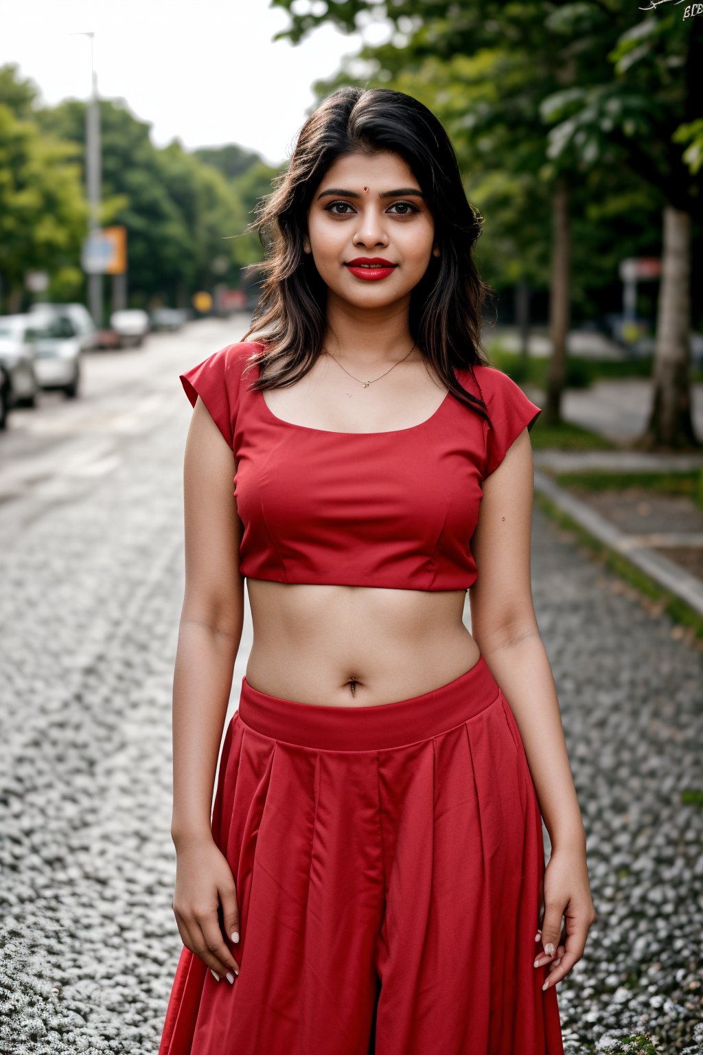 18 year old indian girl, brown long hair , wet hair, wearing red  lehenga , sunny Norway street , round breast , smirk  , red lipstick ,27 yo woman ,27 year old girl,27 old girl,25 years old mallu girl,Mallu,27 yo