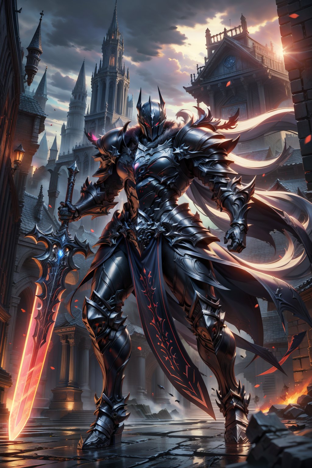 Action shot of a dark knight,dak aura armor,wielding  giant dark aura sword,castle, masterpiece,best quality,high res