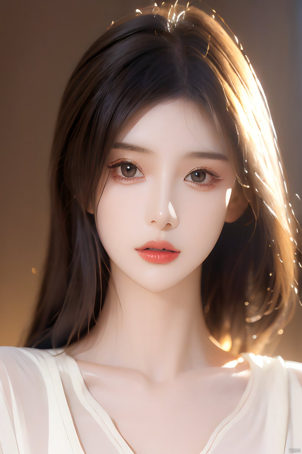  Best quality, masterpiece, ultra high res, (photorealistic:1.2), a girl,Depth of field, golden hour, (rim lighting:1.1), soft shadows, vibrant colors, hazy glow, painterly effect, dreamy atmosphere,A clear face,Black hair, long hair, straight hair, white clothes,Medium-sized *******,