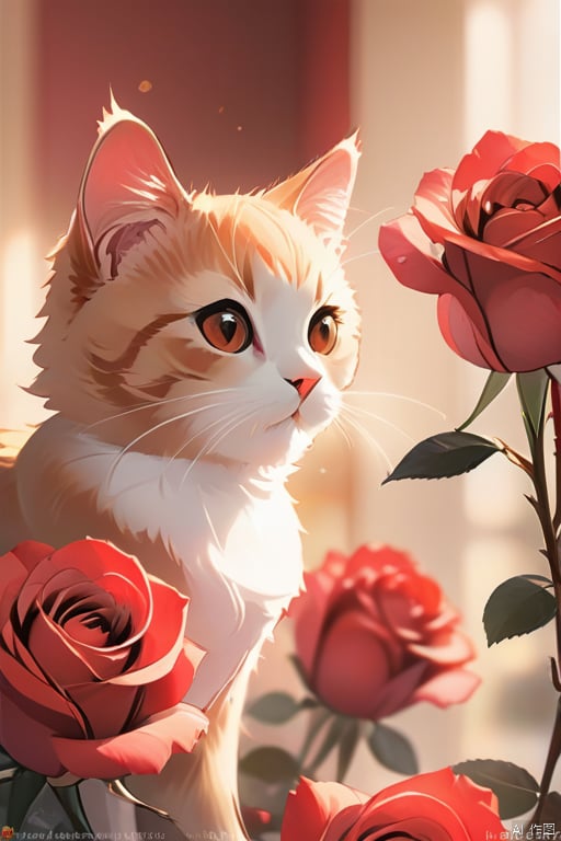  High quality, masterpieces, intricate details, wallpaper, red roses, tabby cats, Macro, natural light, warm tones, foreground