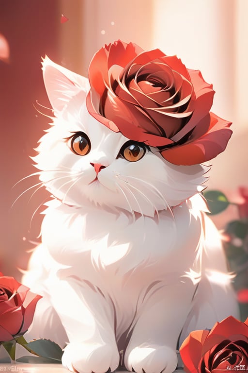 Superb quality, masterpieces, intricate details, wallpaper, red roses, white cat, Macro, natural light, warm colors, front view,