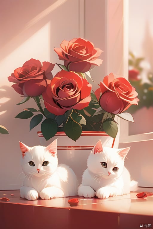 High quality, masterpieces, intricate details, wallpaper, flowerpots, red roses, white cats, Macro, natural light, warm tones, foreground