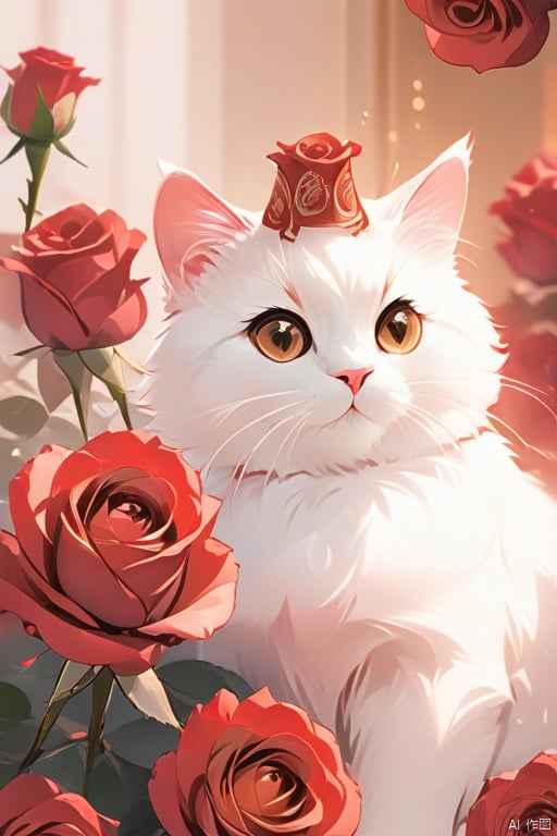  Superb quality, masterpieces, intricate details, wallpaper, red roses, white cat, Macro, natural light, warm colors, front view,