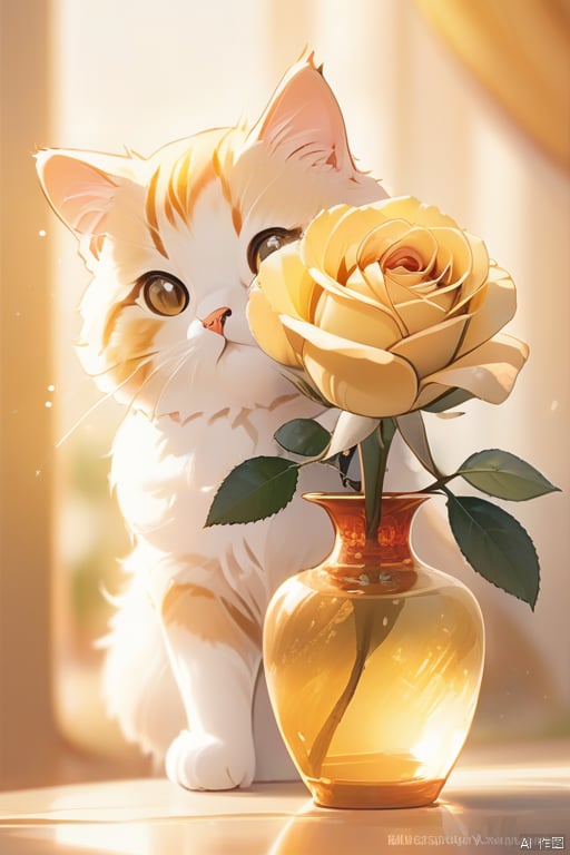 High quality, masterpieces, intricate details, wallpaper, vase, yellow rose, tabby cat, Macro, natural light, warm tones, foreground