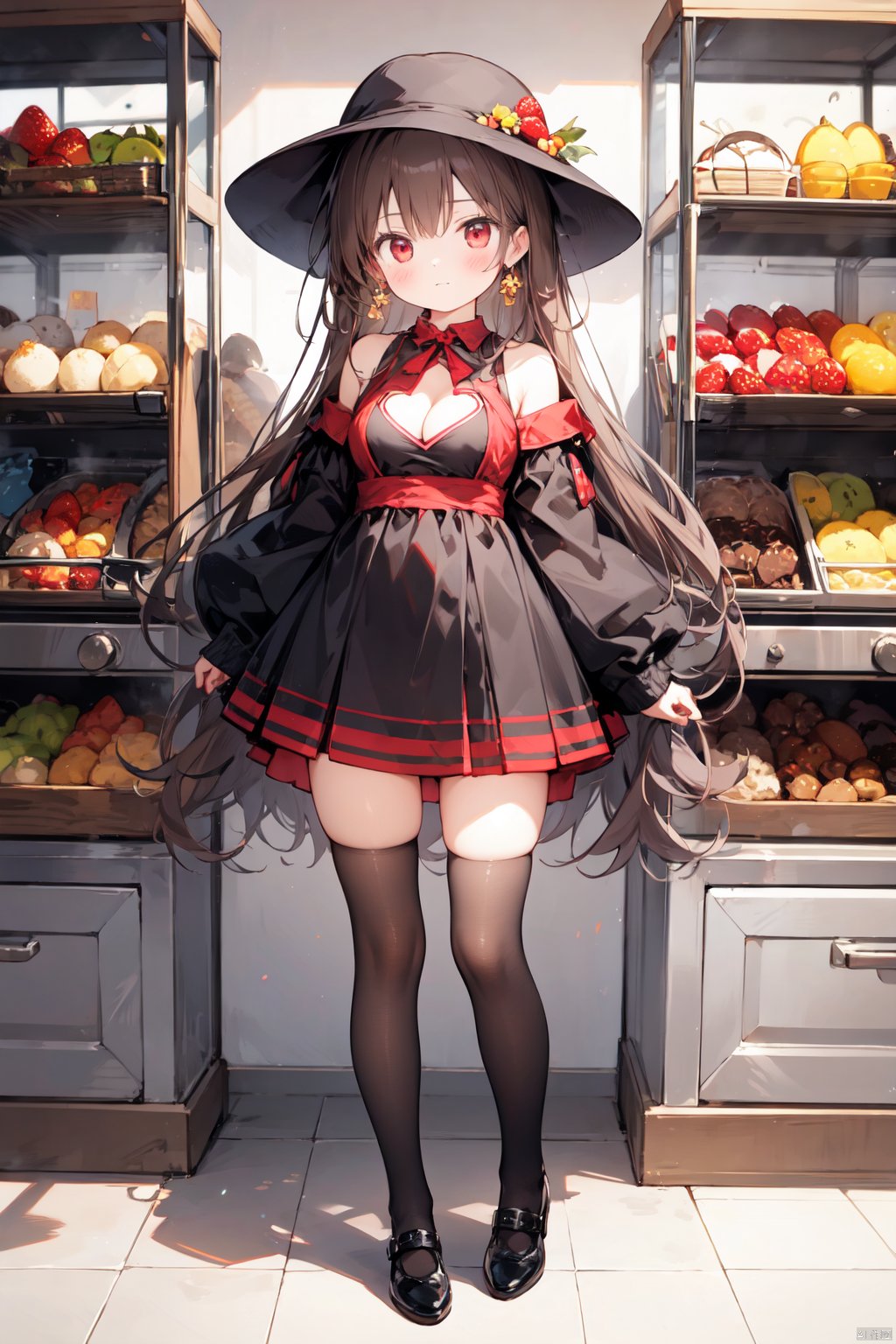 1girl, bangs, black_legwear, blush, breasts, brown_hair, chocolate, cleavage, cleavage_cutout, clothing_cutout, dress, earrings, food, fruit, full_body, hat, heart, kneehighs, long_hair, long_sleeves, looking_at_viewer, medium_breasts, red_eyes, shoes, sleeves_past_wrists, solo, standing, strawberry