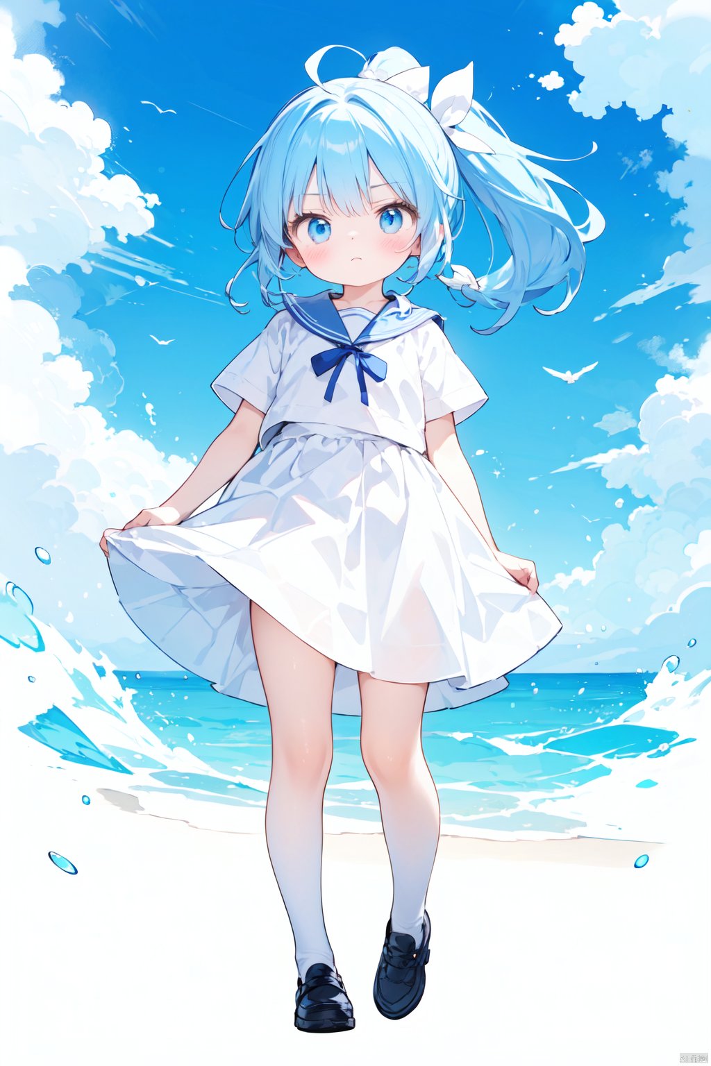 white background, solo,loli, blue hair,blue eyes,high ponytail,high ponytail, blush, frilled shirt collar,facula,spot,messy hair,fipped hair,floating hair,(petite),(loli),(solo),blank stare, white ribbon, (full body),blue sky,cloudy,white serafuku,white skirt,