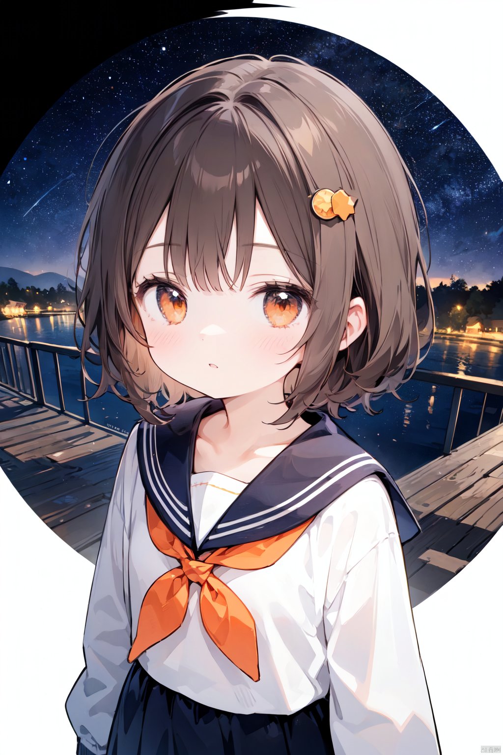 solo, 1girl, sleeves past wrists,sleeves past fingers,bangs, hair ornament, serafuku, white background, short hair, parted lips,long sleeves, muted color, neckerchief, brown hair, sailor collar,blunt bangs, cowboy shot, orange eyes, black sailor collar, looking at viewer,,(lake:1.2),(starry sky:1.2),from above,fisheye