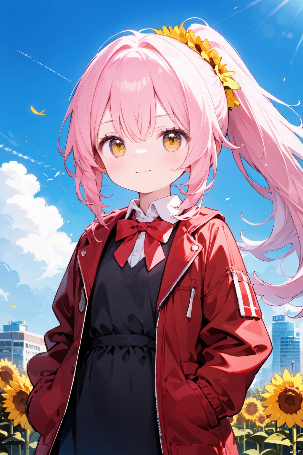 (masterpiece),(best quality),(loli：1.2),(petite:1.2),long hair,Pink hair,Yellow eyes, (red Jacket),high ponytail,white collared shirt,hair flower,fipped hair,floating hair,Frown,hands in pockets,black dress,red bowtie,(solo),sky, skyline, skyscraper, smile, solo, sunflower, tower, upper_body,white flower