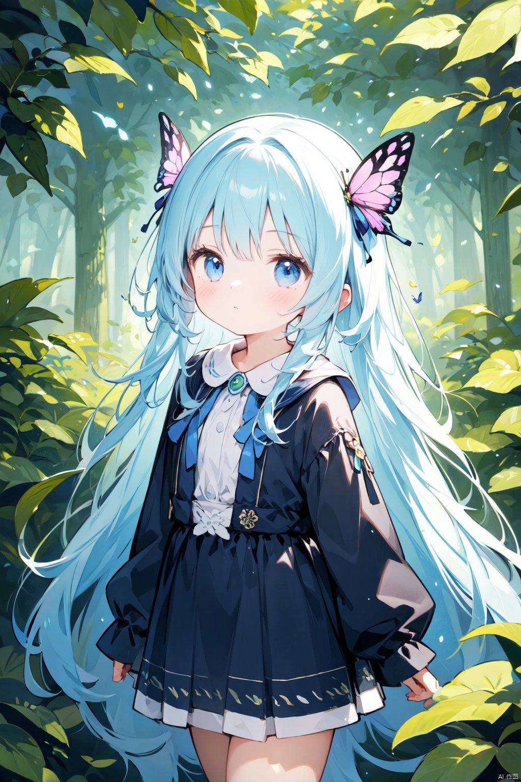 1 girl, surrounded by big leaf plants, wearing flower accessories, (Old-growth forest), (long hair) puberty, young girl, bright outline,Butterfly Dance,surrealistic,tuyawang, senlin