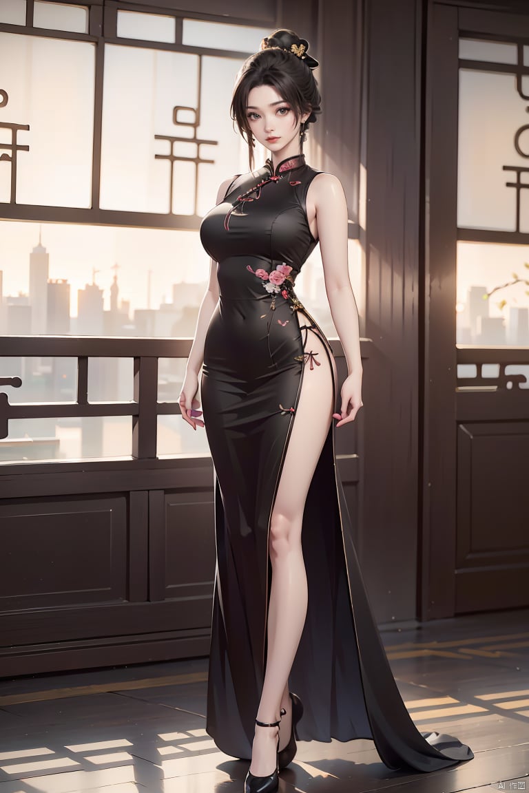  (High quality, High resolution, Fine details), Realistic,1girl,curvy women,  (Detailed eyes:1.2),solo focus,standding,full body,black chinese cheongsam,black short hair,ponytail,bangs,long legs,bare foot,looking at viewer,city background, songyi, pf-hd