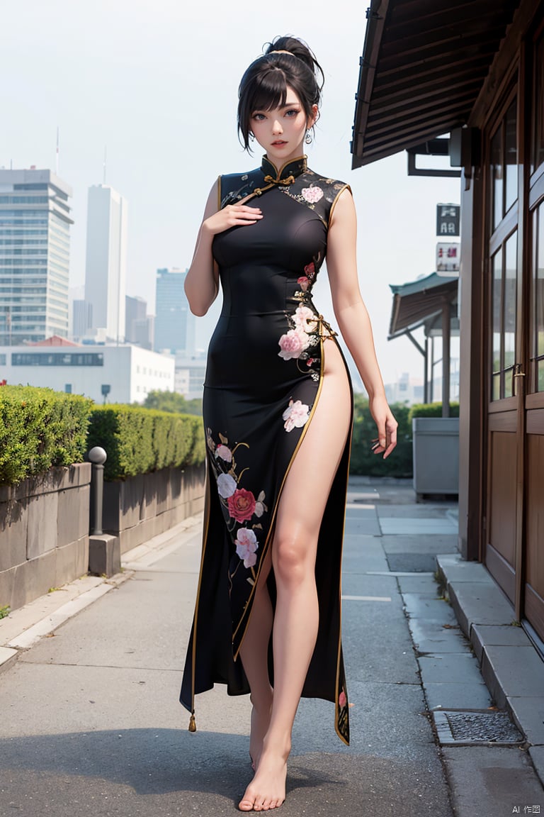  (High quality, High resolution, Fine details), Realistic,1girl,curvy women,  (Detailed eyes:1.2),solo focus,standding,full body,black chinese cheongsam,black short hair,ponytail,bangs,long legs,bare foot,looking at viewer,city background, songyi, pf-hd