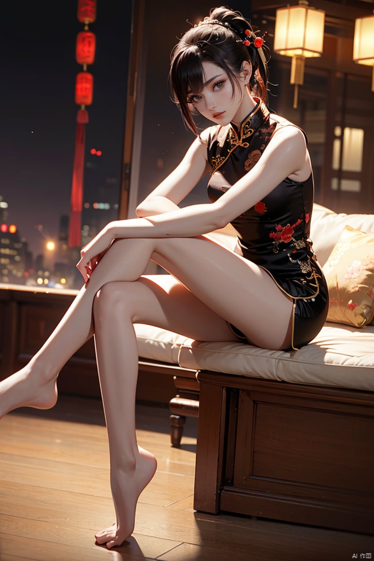  (High quality, High resolution, Fine details), Realistic,1girl,curvy women,  (Detailed eyes:1.2),solo focus,full body,black chinese cheongsam,black short hair,ponytail,bangs,long legs,bare foot,looking at viewer,city background, songyi