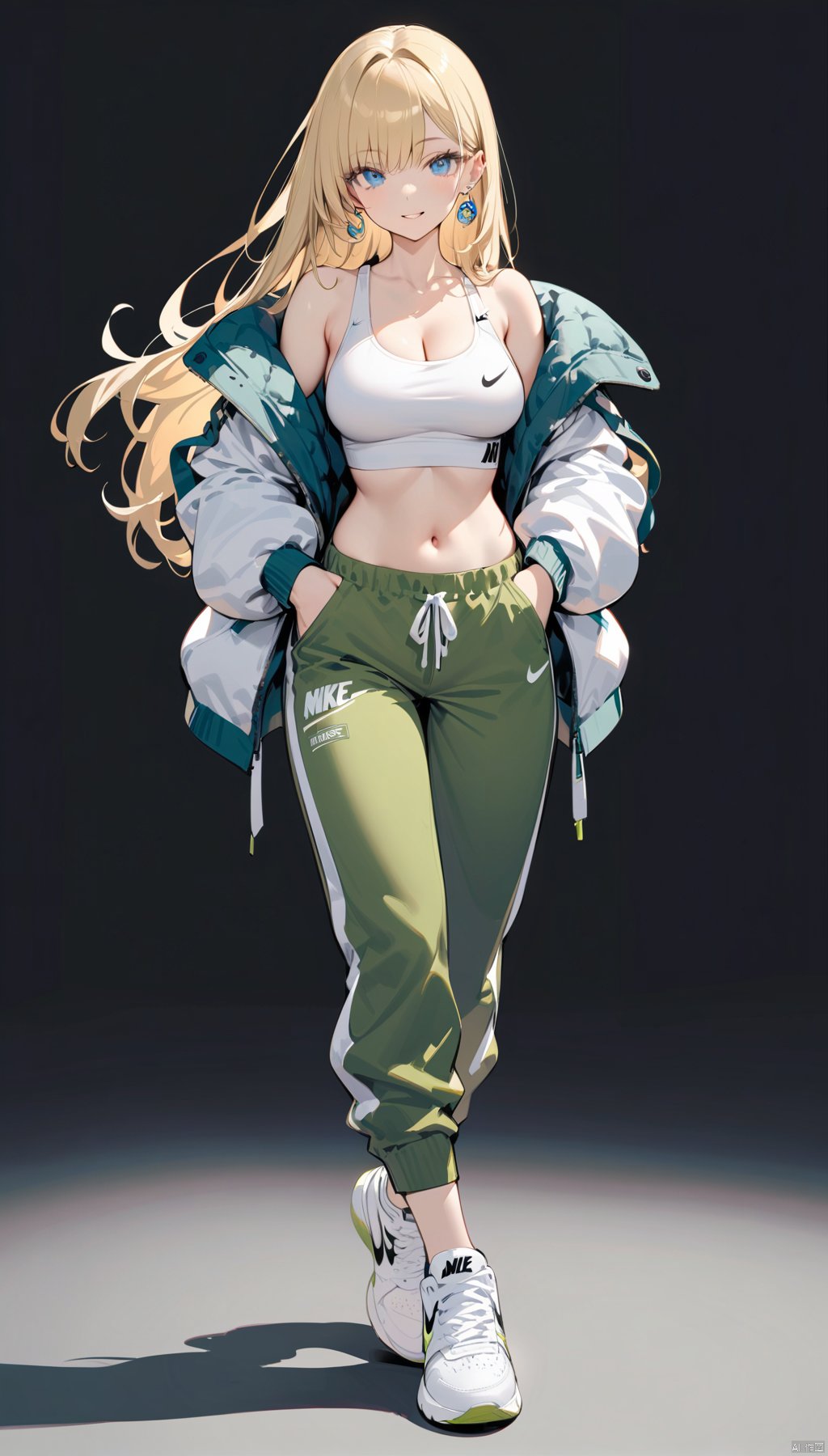  (best quality), ((masterpiece)), (highres), illustration, original, extremely detailed . ooo, 1girl, solo, long hair, breasts, white background, full body, simple background, blonde hair, sneakers, pants, shoes, blue eyes, looking at viewer, navel, white footwear, jewelry, earrings, crop top, off shoulder, midriff, jacket, hands in pockets, bare shoulders, green pants, smile, standing, cleavage, parted lips, open clothes, tank top, medium breasts, collarbone, open jacket, floating hair, nike, white jacket