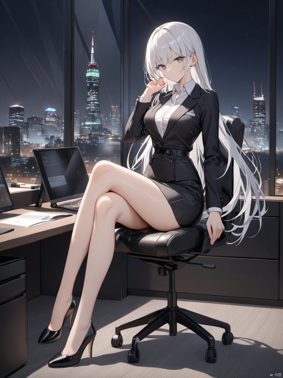  Woman wearing business outfit, formal blazer, white blouse, heels, black high waist business skirt, beautiful, masterpiece, best quality, extremely detailed face, perfect lighting, nice hands, perfect hands, (white hair:1.2), long hair, (grey eyes:1.2), slender build, long legs, thin, medium breasts, business woman, ceo, sitting in luxurious black leather office chair, glass wall with view of nighttime city skyline in background