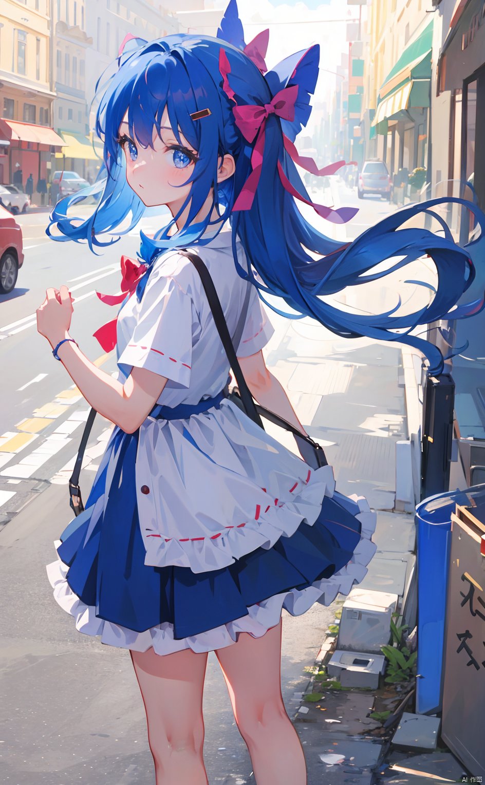 masterpiece,8k,best quality,loli,solo,((depth of field)),bowknot,long hair,light,street,blue hair