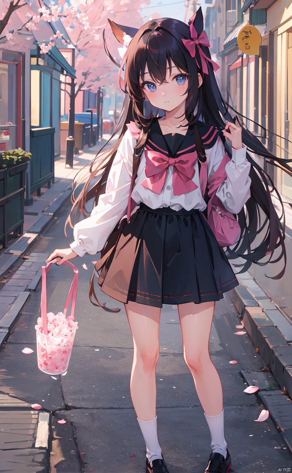 masterpiece,8k,best quality,loli,solo,((depth of field)),bowknot,long hair,light,street,sakura