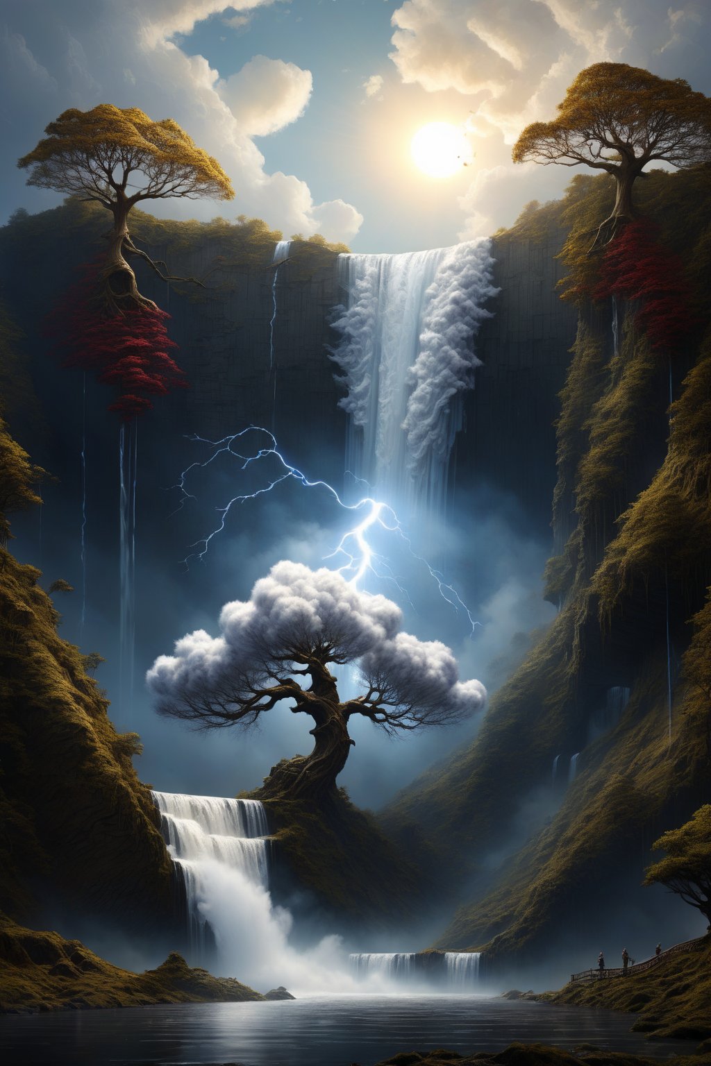 fluffy gnarly magical tree made out of clouds with static (electricity:1.2) charge, a perfect photography by Killian Eng, Andree Wallin, Mark Mann, Marc Simonetti, Albrecht Drer, wlop, Jeremy Geddes, vibrant dark colors, intricate artwork masterpiece, impressive, stunning,  cloudy, fluffy heavenly scenery, amazing depth, hyperdetailed, artistic fantasy nanopunk, (surreal waterfall:1.3), electric sun, surreal photorealism  