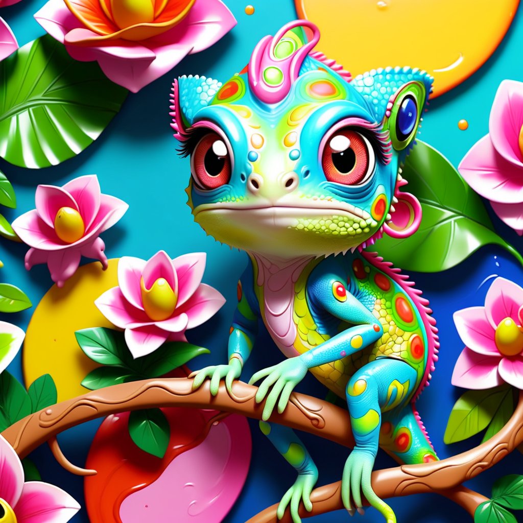 Kawaii Chameleon Painter changing its body colors to match its vibrant painting. Render this in an anime style, focusing on the chameleon's cute, wide eyes and intricate patterns on its body.