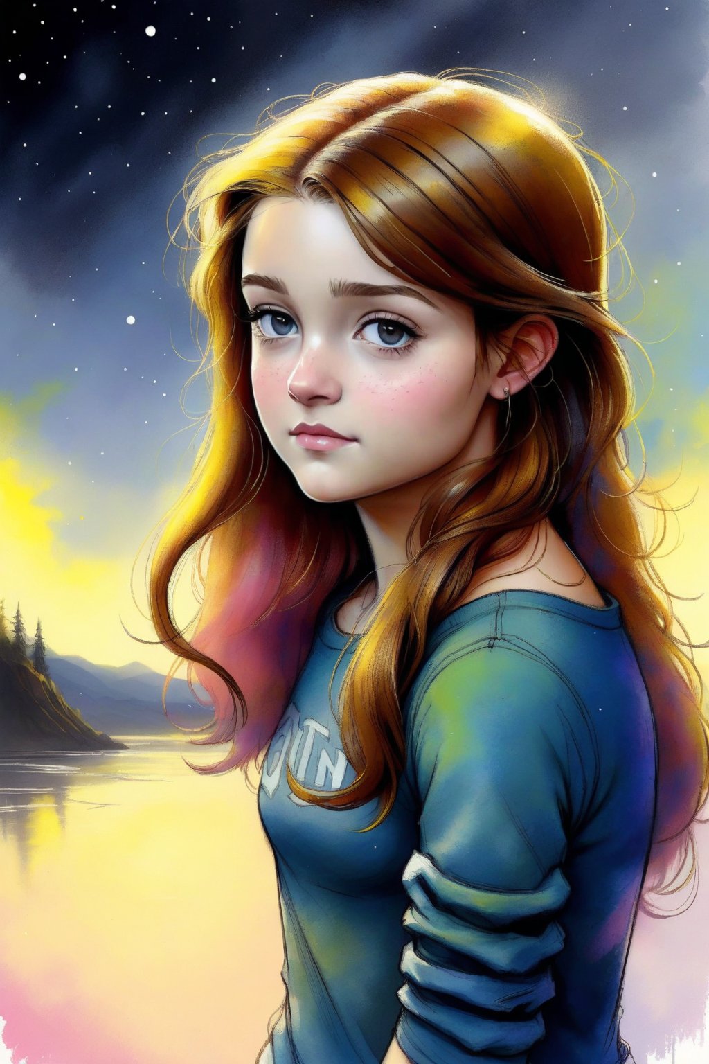 by Alex Hirsch, by Martin Deschambault, by Charlie Bowater, cute fit 18 year old woman, digital oil pastel on canvas of a cinematic photo 