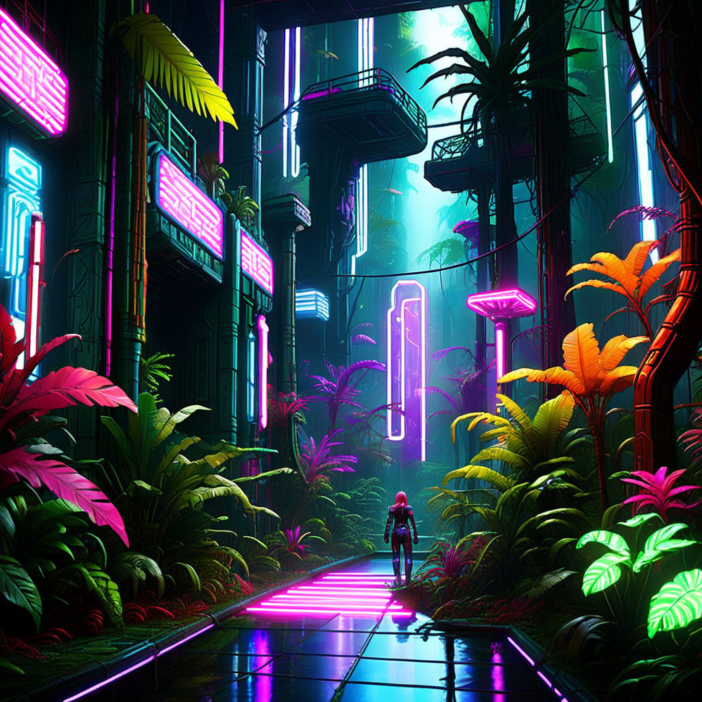 Neon Jungle Android exploring a dense forest illuminated by neon lights. The scene should have a cyberpunk aesthetic with vibrant, contrasting colors, and intricate details of the surrounding jungle and the android.