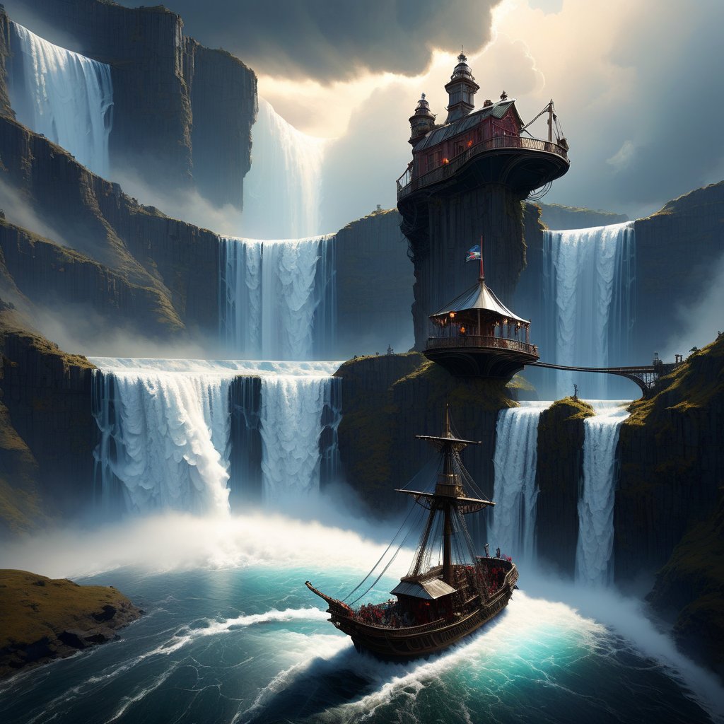 fluffy gnarly magical ship made out of clouds with static (flowing electricity charge:1.2) sailing from top of the edge of the world towards an inifite surreal waterfall, a perfect photography by Andree Wallin, Mark Mann, Marc Simonetti, Albrecht Drer, wlop, Jeremy Geddes, vibrant colors, intricate artwork masterpiece, trending on artstation and cgsociety, impressive, stunning, beautiful, cloudy, fluffy stormy scenery, amazing depth, hyperdetailed, artistic, nanopunk, (surreal waterfall:1.4), electric sun, surreal photorealism masterwork by head of prompt engineering   