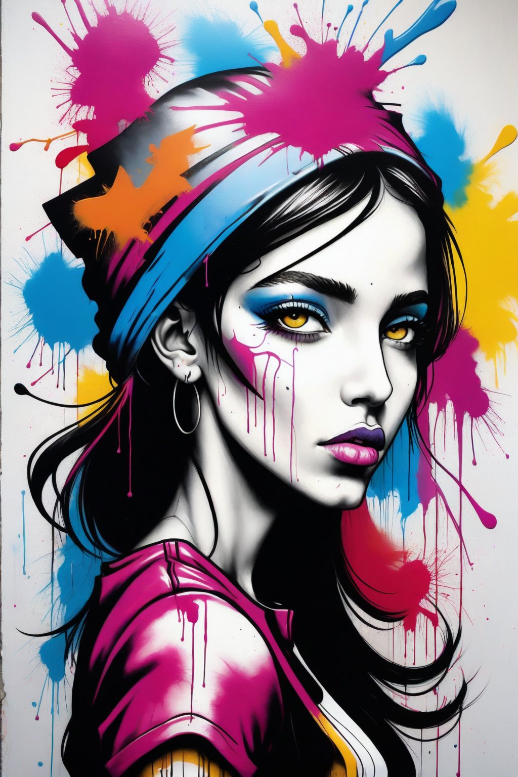 A color poster of a graffiti wall with spray tint on her head,portrait of a woman, upperbody, minimalist, with dynamic movement and bold colors,ral-firworx