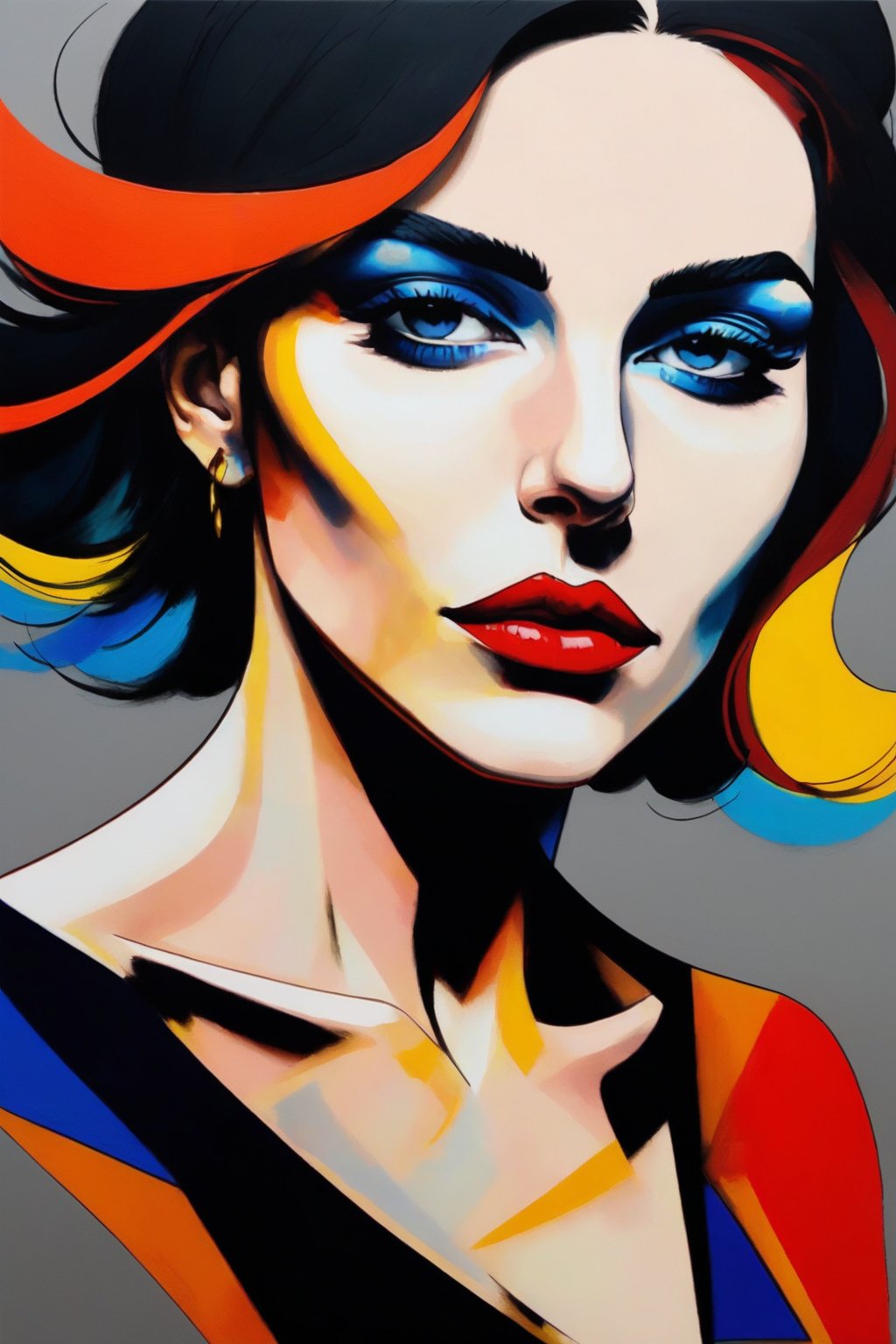 portrait of a woman, upperbody, minimalist, with dynamic movement and bold colors, by vovin,trendy art market