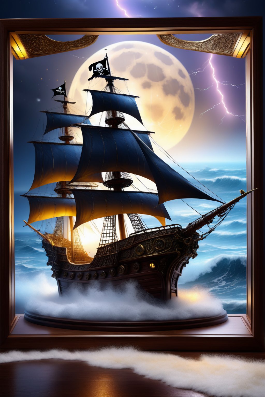 A  glass Frame sculpture, concealed inside the Cube is a large Pirate Ship in a Lightning storm, large waves, (Pirate ship emerges out of the frame), in the dark, detailed image, 8k high quality detailed, the moon, shaped Cube, amazing wallpaper, digital painting highly detailed, 8k UHD detailed oil painting, beautiful art UHD, focus on full glass sphere, bokeh,  background Modifiers: extremely detailed Award winning photography, fantasy studio lighting, photorealistic very attractive beautiful imperial colours ultra detailed 3D, (Very Intricate), UHD, , (3D Framed, Mega Details)