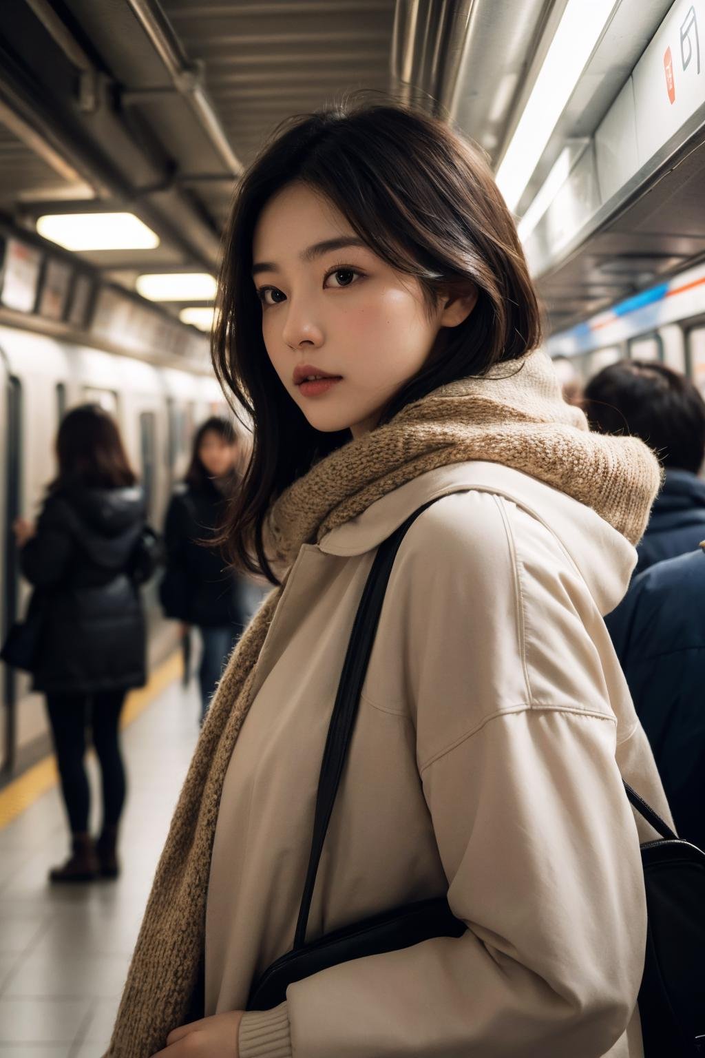 absurdres, 1girl, famai, lifelike rendering, chestnut, cowboy shot, side view, looking at viewer, evening, night shot,a girl inside a subway station, subway train passing behind her, motion blur, (film grain:1.4), winter jacket, scarf, Radiant Comfort, Golden Hour, Cozy AmbianceRAW photo, (8k, best quality, ultra high res, masterpiece:1.2), beautiful, unparalleled, perfect artwork,(photorealistic:1.4), (extremely intricate:1.2),(exquisitely detailed skin),