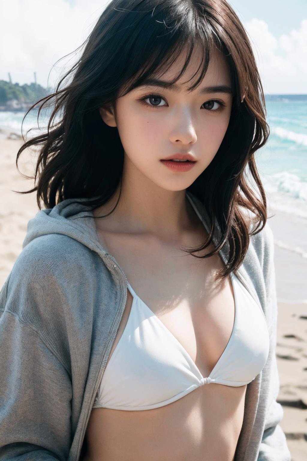 absurdres, 1girl, face expressions, (messy wavy hair, bangs), flat chest, cowboy shot, looking at viewer,(hoodie jacket:1.1), (white bikini:1.3), outdoor, (beach:1.5), standing, in water, wind,sunray, dramatic lighting, negative space, colorgraded, Radiant Comfort, Cozy Ambiance, lifelike rendering, motion blur,RAW photo, (8k, best quality, ultra high res, masterpiece:1.3), (photorealistic:1.4),(extremely intricate:1.2), dynamic perspective, atmosphere, film grain,(exquisitely detailed skin),