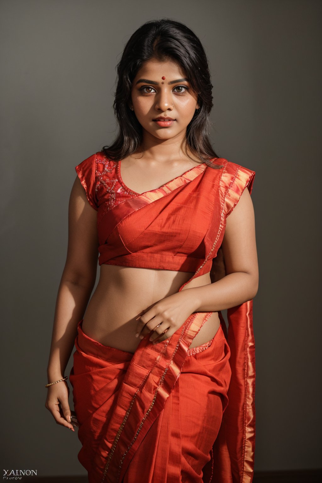 Raw photo of (18yo Kerala Beautiful young woman:1.1, (best quality, highres, ultra-detailed:1.2), This breathtaking photograph, shot on a Canon 1DX with a 50 mm f/2.8 lens, beautifully showcases the raw and authentic beauty of life. high resolution 8k image quality, vibrant colors, glowing dimond, glowing eyes, realistic Raw photo, realistic lighting, traditional Red saree,  exotic beauty, mesmerizing eyes, girl ,Thrissur,Mallu,Saree,25 years old mallu girl 