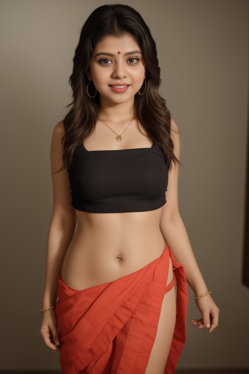 Saree women, solo, long hair, smile, simple background, black hair, navel, jewelry, earrings, midriff, piercing, ring, realistic, navel piercing,Saree,Mallu,25 years old mallu girl ,Guldestan