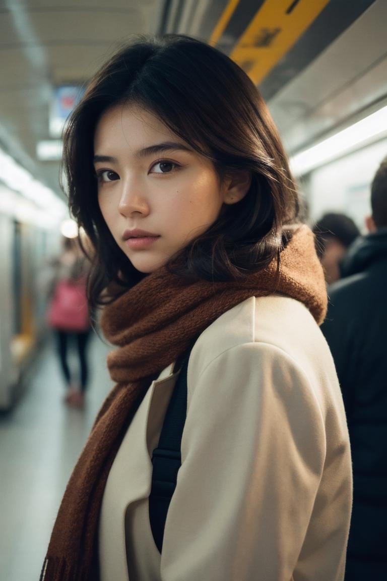absurdres, 1girl, famai, lifelike rendering, chestnut, cowboy shot, side view, looking at viewer, evening, night shot,a girl inside a subway station, subway train passing behind her, motion blur, (film grain:1.4), winter jacket, scarf, Radiant Comfort, Golden Hour, Cozy AmbianceRAW photo, (8k, best quality, ultra high res, masterpiece:1.2), beautiful, unparalleled, perfect artwork,(photorealistic:1.4), (extremely intricate:1.2),(exquisitely detailed skin),