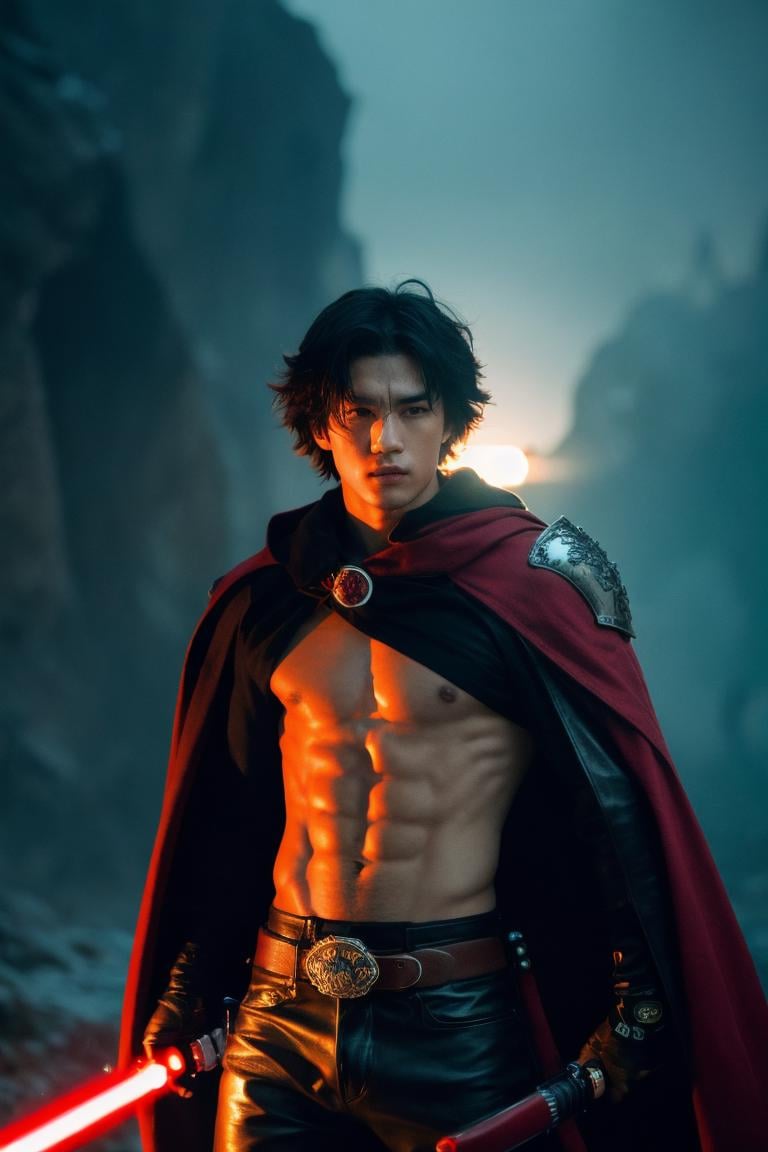 (black and red theme:1.5), (cowboy shot:1.5), (1boy, handsome Thai:1.5), (muscular male:1.5), (18 years old), extremely detailed skin, (open clothes:1.4), ABS, (holding weapon:1.5) (light saber:1.4), (leather cloak:1.3), (leather armor:1.2), fingerless gloves,  (battle field background:1.2),  fighting Poses, high design (fashionable) stylish art, extreme detail irises, reflexive eyes retinas, detailed eyebrows, detailed eyelashes,  fashion photo shooting, (multi-layers and multi-textures level:1.1), (perfectly detailed face:1.2), cinematic film still, extremely intricate details, exquisite body parts detailing, extremely detailed environment, maximalism in detail, fire particles, sub surface scattering, (Low Key:1.2), (in the Dark:1.2), (Dark Scene:1.5), Tyndall effect, volumetric light, blending saturation, noise reduction, visual compositional balancing, extremely exquisite detailed, hyper detailed, extremely high resolution, dramatic cinematic light, (ultra-wide angle fantasy world background)