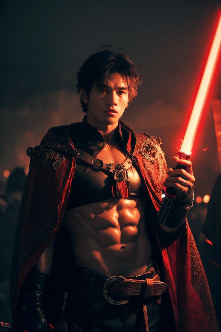 (black and red theme:1.5), (cowboy shot:1.5), (1boy, handsome Thai:1.5), (muscular male:1.5), (18 years old), extremely detailed skin, (open clothes:1.4), ABS, (holding weapon:1.5) (light saber:1.4), (leather cloak:1.3), (leather armor:1.2), fingerless gloves,  (battle field background:1.2),  fighting Poses, high design (fashionable) stylish art, extreme detail irises, reflexive eyes retinas, detailed eyebrows, detailed eyelashes,  fashion photo shooting, (multi-layers and multi-textures level:1.1), (perfectly detailed face:1.2), cinematic film still, extremely intricate details, exquisite body parts detailing, extremely detailed environment, maximalism in detail, fire particles, sub surface scattering, (Low Key:1.2), (in the Dark:1.2), (Dark Scene:1.5), Tyndall effect, volumetric light, blending saturation, noise reduction, visual compositional balancing, extremely exquisite detailed, hyper detailed, extremely high resolution, dramatic cinematic light, (ultra-wide angle fantasy world background)