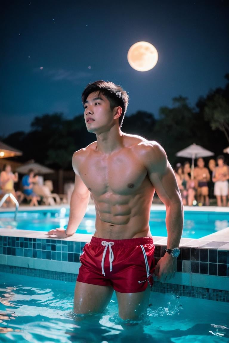 scruffy young handsome Thai muscular prince wearing red tiny shorts in pool party, outdoor, looking up at the night sky, detailed face, (huge full moon), best quality, highres, 8k, realistic, starry sky, (crowd:1.3)