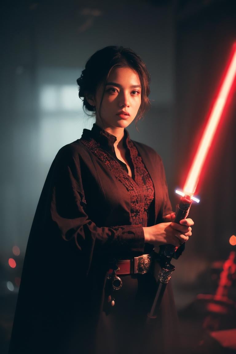 (black and red theme:1.5), (cowboy shot:1.5),(black robe:1.1), (light saber, holding weapon:1.4), 1girl, 18 years old, (space armer suit), (starwars:1.1), violet light tone,background, (battle field:1.1), (fighting stance, action posting:1.3), (epic scene:1.1), (fighting with another:1.2),stylish art, feminine hand, beautiful finger polished nails, extreme detail irises, reflexive eyes retinas, detailed eyebrows, detailed eyelashes, blushed, professional makeup, fabulous hairstyles,masterpiece, best quality, (multi-layers and multi-textures level:1.1), (perfectly detailed face:1.2), cinematic film still,extremely intricate details, exquisite body parts detailing, extremely detailed body, extremely detailed environment, maximalism in detail, dust particles, sub surface scattering,(Low Key:1.3), (in the Dark:1.3), (Dark Scene:1.8), Tyndall effect, volumetric light, blending saturation, noise reduction, visual compositional balancing, masterpiece, best quality, exquisite masterpiece,extremely exquisite detailed, hyper detailed, extremely high resolution, extremely high res, high resolution, highres, dramatic cinematic light, (ultra-wide angle fantasy world background:1.4),