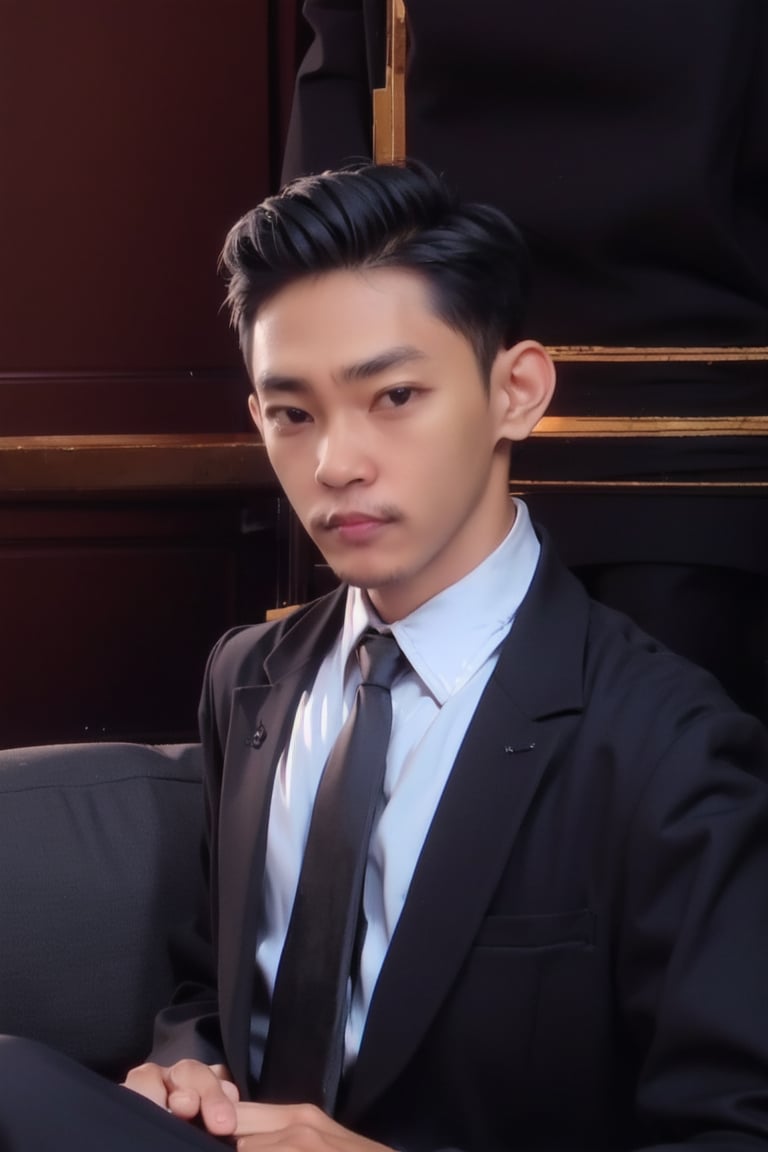 Gungs24 wearing a formal black suit, white shirt, and long sleeves, sitting on a couch with his hands together, focus on male, collared shirt, necktie, black jacket, black pants, black shoes, detailed, realistic shading, artistically styled by Abstractmusiq, 4k resolution, elegant composition, cinematic lighting,gungs24,3DMM,realistic,3DMM