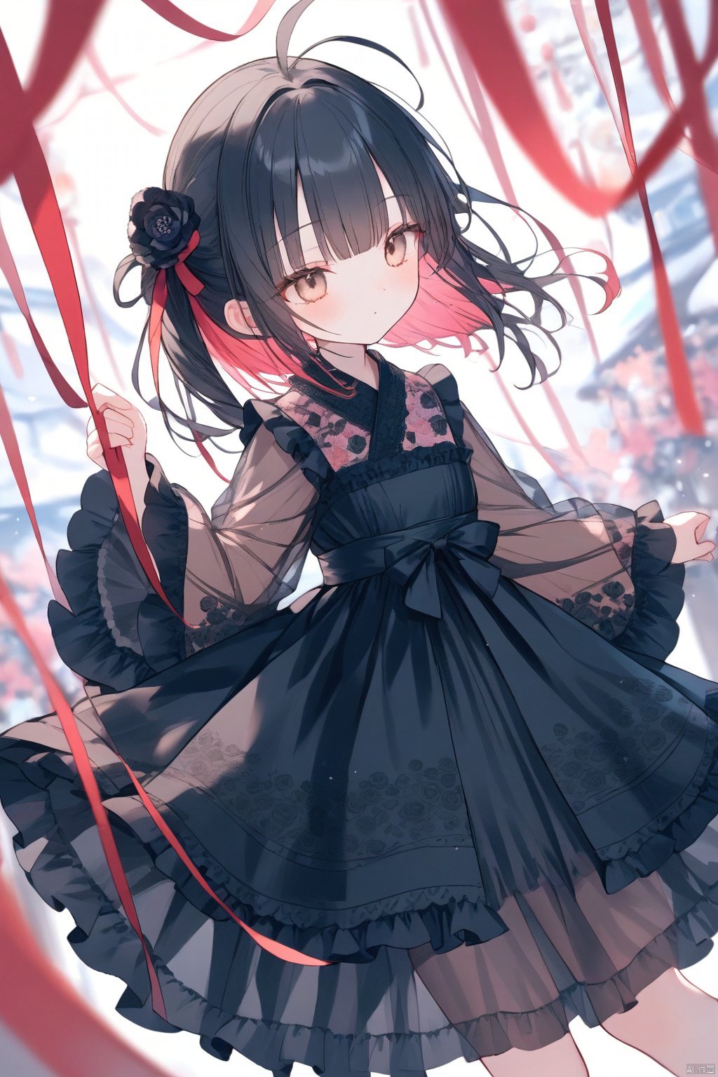  1girl, loli, dress, flower printed, black hair, black dress, heteromonic, dynamic angle, lolita dress, see through, multi layered dress, bangs, ahoge, from sude, multi_colored hair, kimono,, long sleeves, masterpiece, best quality, blurry background, depth of field, onnk