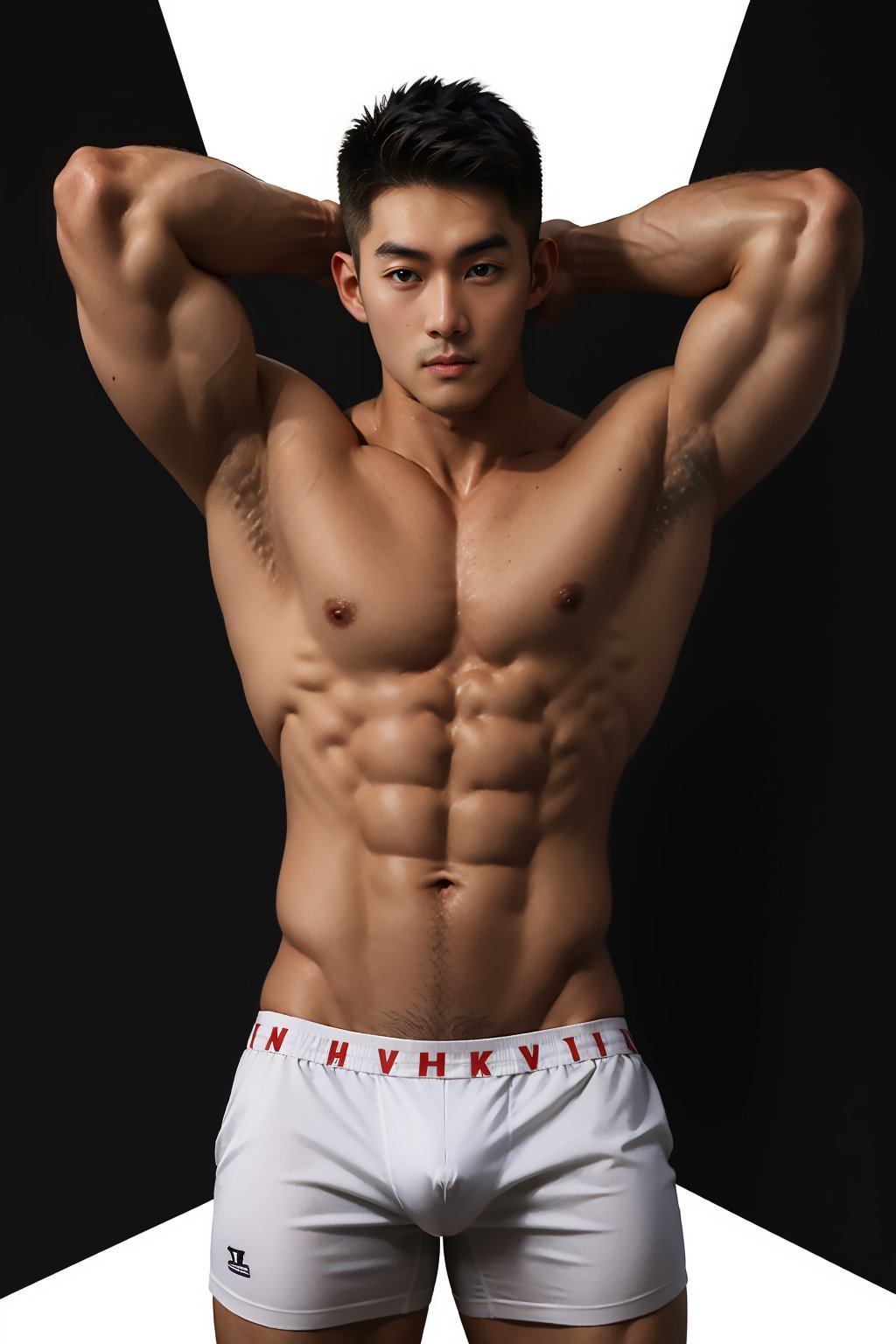 1boy, korean, vpl, flexing, navel, shirtless, white underwear, cowboy shot, black background, standing up 