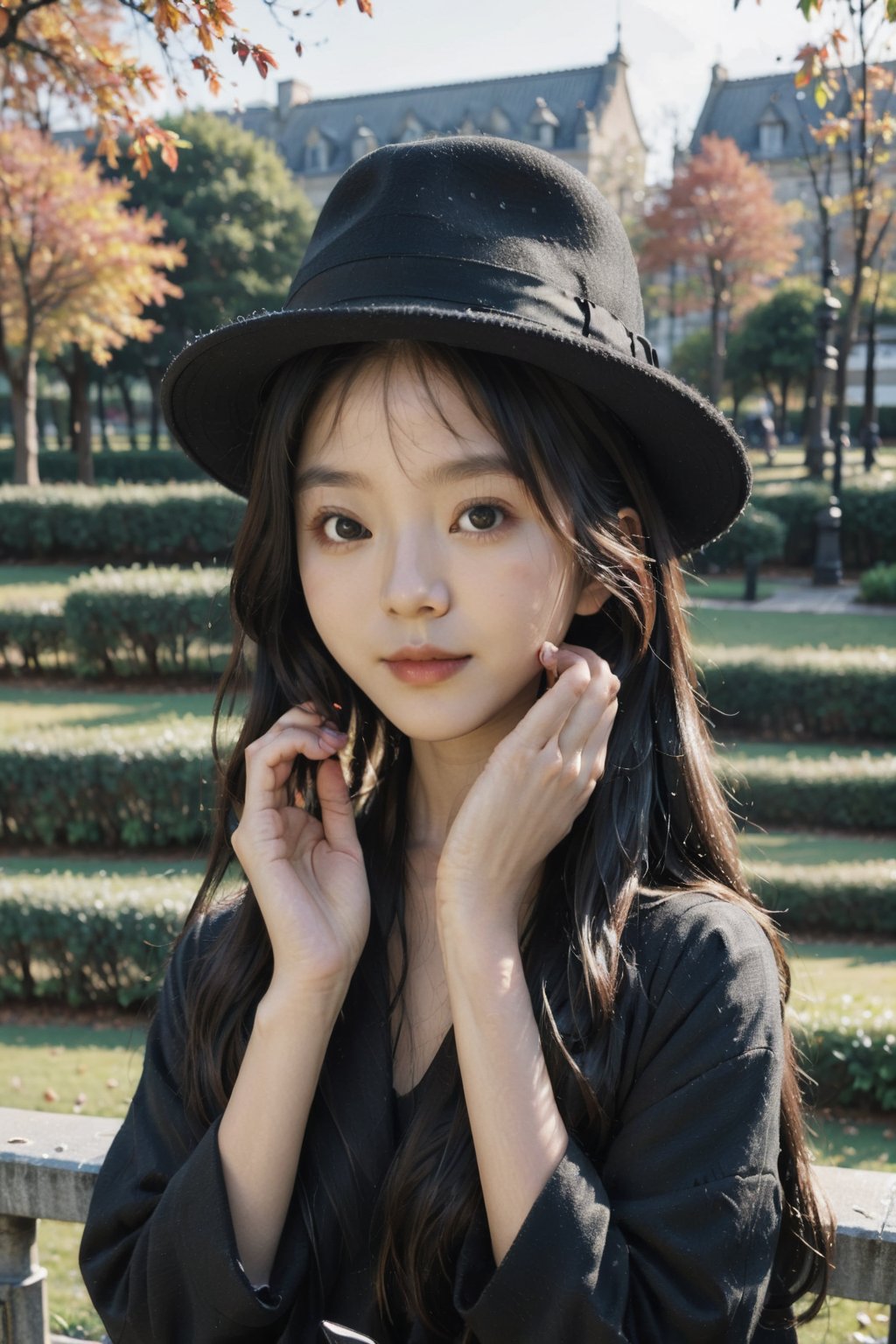 Close up An 18 year old Asian woman with long wavy hair wearing a black cloth hat. Wear a black overcoat Use both hands to lift the LEICA brand film camera and place it close to her face. Preparing to take a photo in the afternoon, a park location, the front is clear, the background is blurred with bokeh, real picture, high definition 8K.,LinkGirl,Masterpiece, ,FilmGirl,sexykiki14230,sexycaicai19407