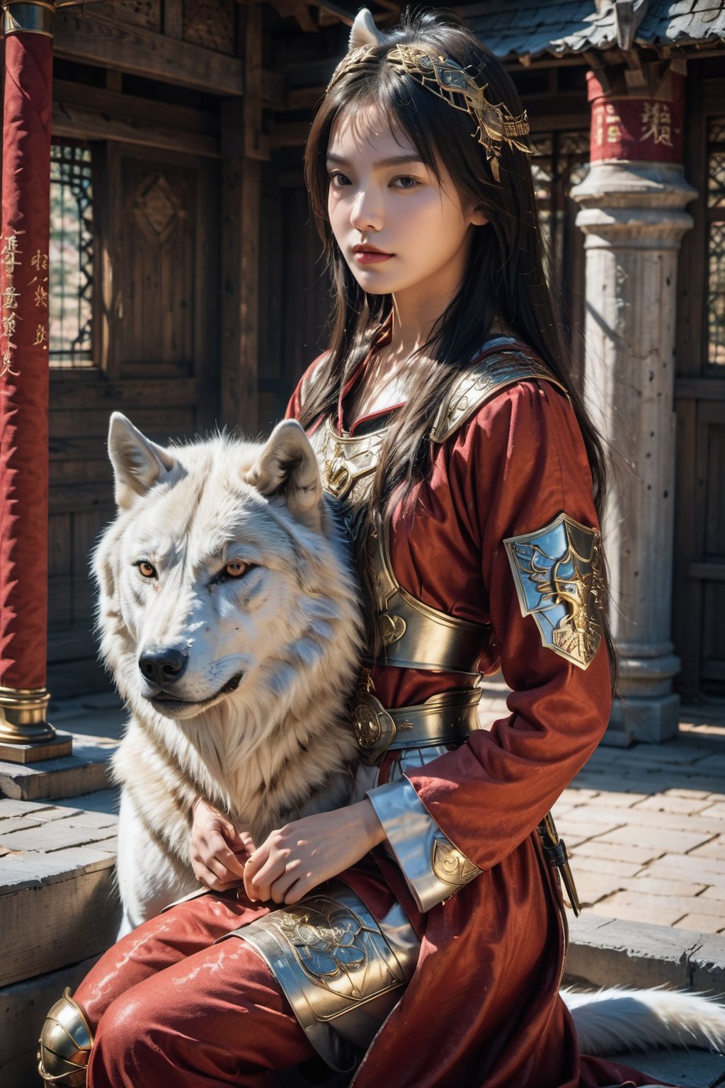 (A red and gold image of a young girl as a warrior woman, dressed in fine armor, with a large gray wolf next to her with it's head nestled on the girl's lap, in the background of an oriental-style scene), masterpiece, HDR, depth of field, wide view, bright background, raytraced, full length body, unreal, mystical, luminous, surreal, high resolution, sharp details, with a dreamy glow, translucent, beautiful, stunning, a mythical being exuding energy, textures, breathtaking beauty, pure perfection, with a divine presence, unforgettable, and impressive.sexycaicai19407