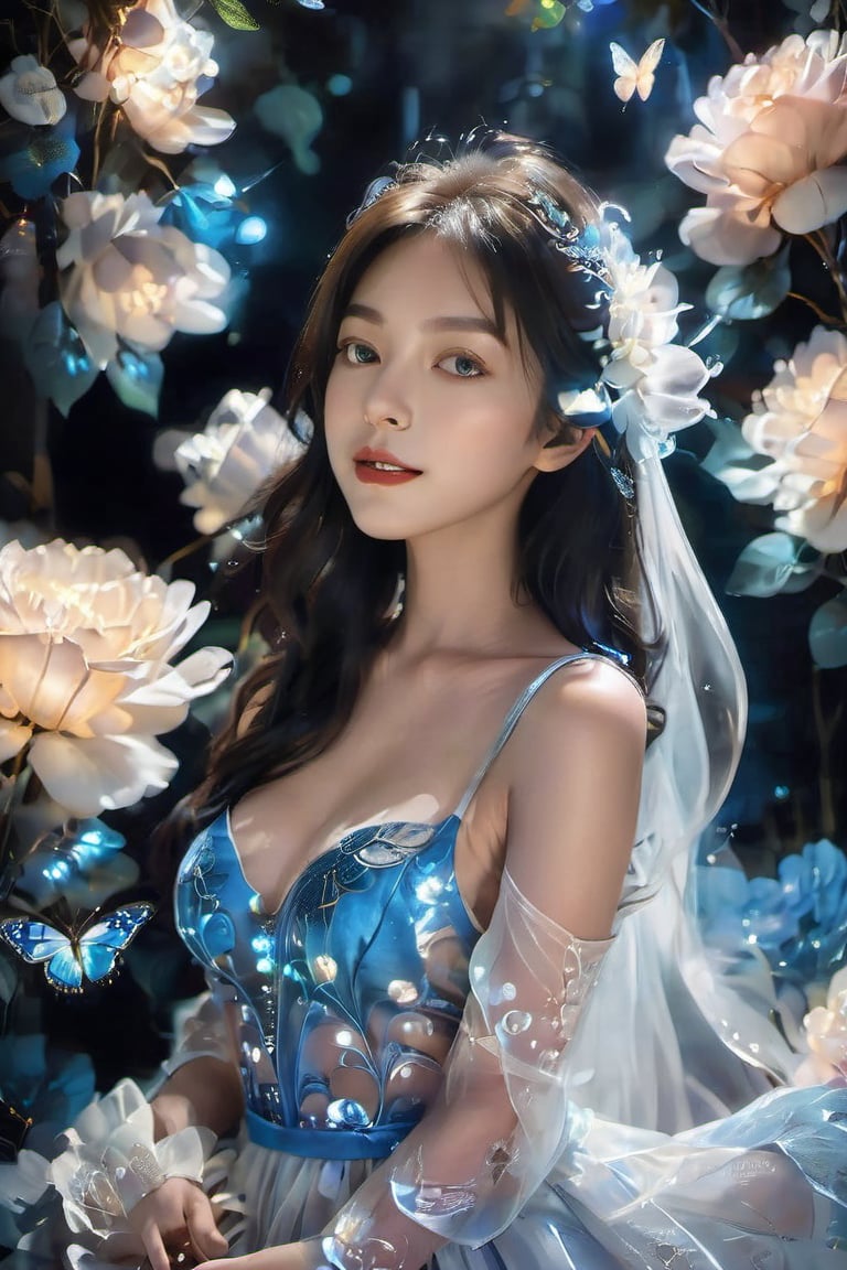 1girl, solo, long hair, brown hair, black hair, dress, closed eyes, flower, blue dress, blue flower, lips, see-through, makeup, sleeveless dress, white flower, lipstick, butterfly, particles light,sexycaicai19407