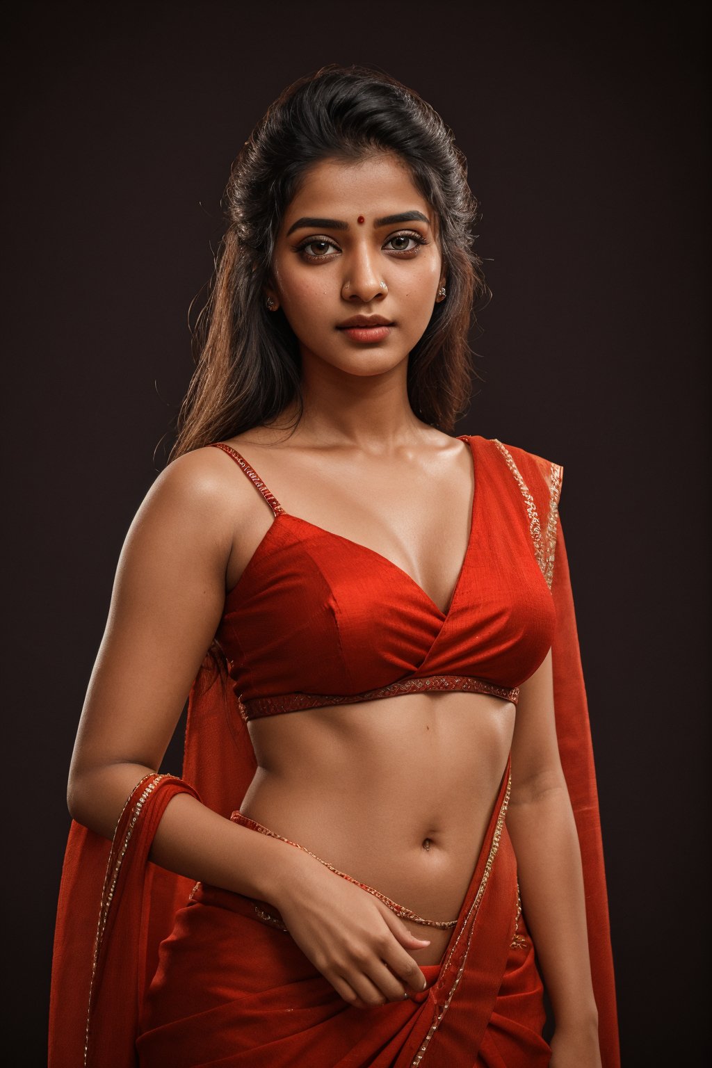 Raw photo of (18yo Kerala Beautiful young woman:1.1, (best quality, highres, ultra-detailed:1.2), This breathtaking photograph, shot on a Canon 1DX with a 50 mm f/2.8 lens, beautifully showcases the raw and authentic beauty of life. high resolution 8k image quality, vibrant colors, glowing dimond, glowing eyes, realistic Raw photo, realistic lighting, traditional Red saree,  exotic beauty, mesmerizing eyes, girl ,Thrissur,Mallu,Saree
