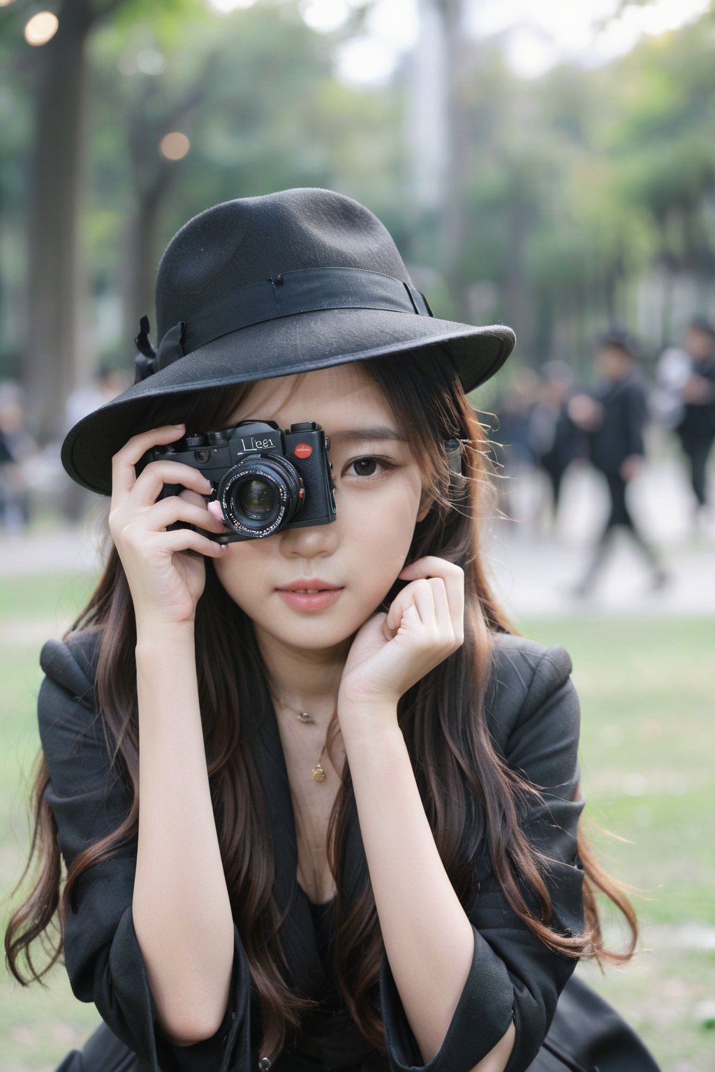 Close up An 18 year old Asian woman with long wavy hair wearing a black cloth hat. Wear a black overcoat Use both hands to lift the LEICA brand film camera and place it close to her face. Preparing to take a photo in the afternoon, a park location, the front is clear, the background is blurred with bokeh, real picture, high definition 8K.,LinkGirl,Masterpiece, ,FilmGirl,sexykiki14230