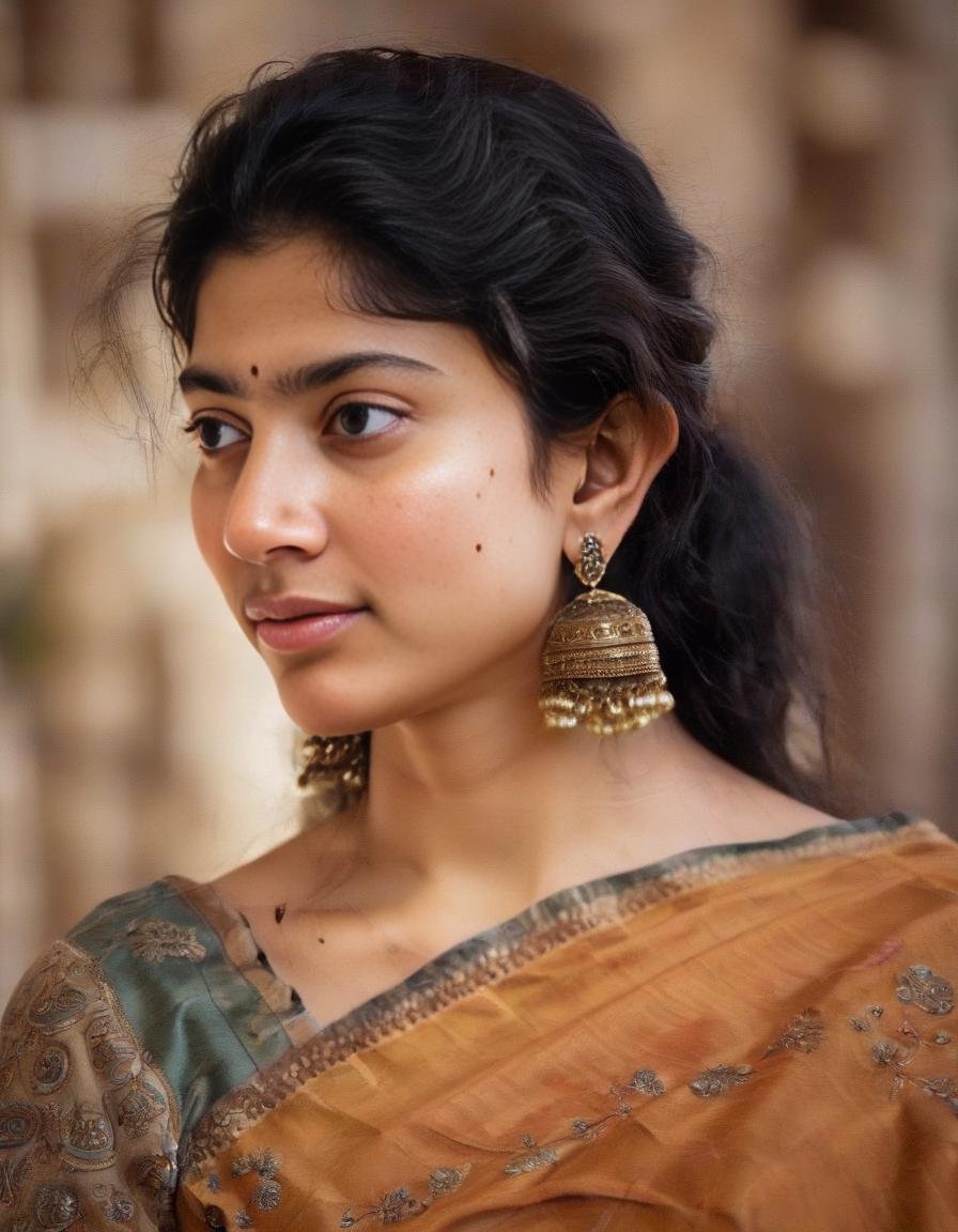 SaiPallavi,<lora:SaiPallaviSDXL:1> A Photograph of a strikingly realistic female portrait showcasing intricate details, capturing the subject's serene gaze with a harmonious display of warm and cool tones.