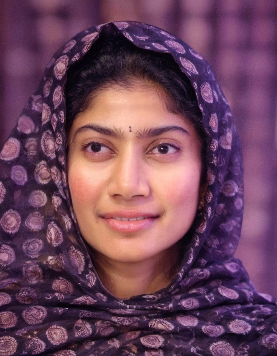 SaiPallavi,Cinematic still of an attractive blonde woman with straight hair, wearing a black and purple dotted veil covering her eyes, in the style of Robert Wunig Daddo's work, soft lighting, shot on IMAX Laser