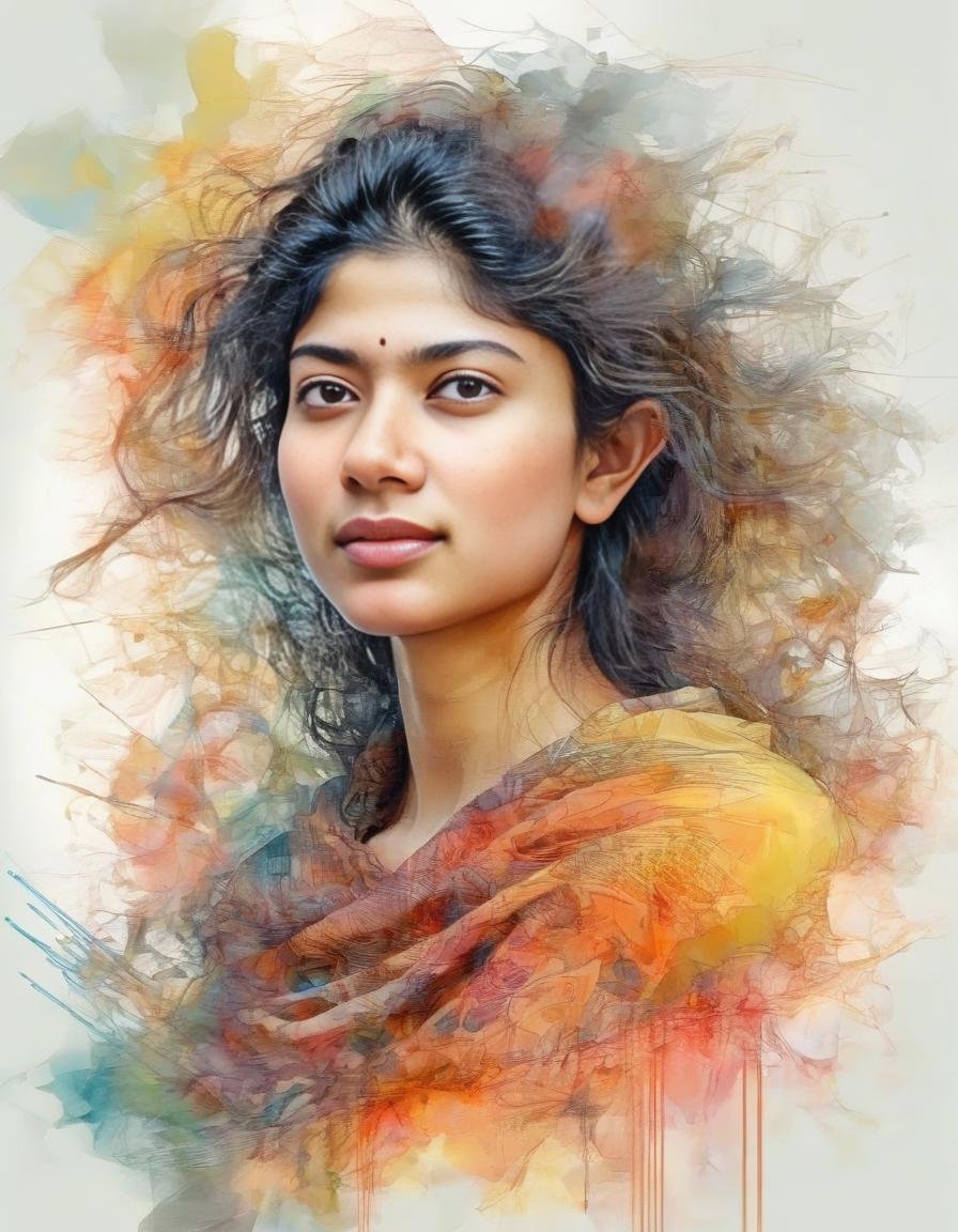 SaiPallavi,<lora:SaiPallaviSDXL:1>A beautiful girl, digital watercolor Illustration, summers cape sunrise, complex contrast, highly details, geometric Bauhaus abstract vector fractal, in style of Carne Griffiths, triadic colors, wave function